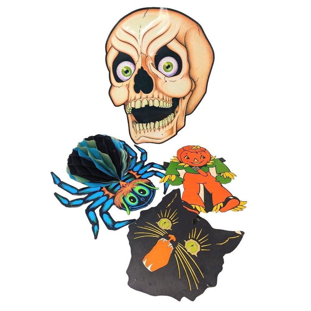 VTG Beistle Skull, Tissue Spider, Black Cat & Pumpkin Scarecrow Halloween Decor